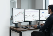 A clean multi-monitor cryptocurrency trading workstation displaying real-time price charts, volume histograms, RSI, and derivatives metrics