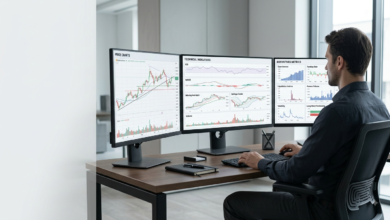 A clean multi-monitor cryptocurrency trading workstation displaying real-time price charts, volume histograms, RSI, and derivatives metrics