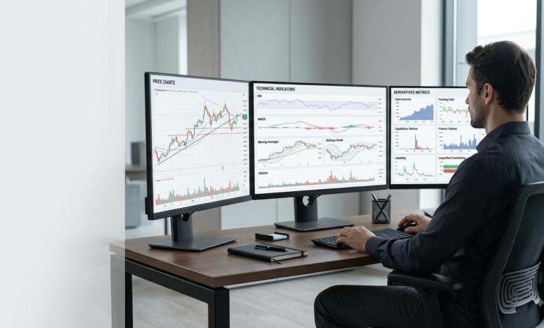 A clean multi-monitor cryptocurrency trading workstation displaying real-time price charts, volume histograms, RSI, and derivatives metrics