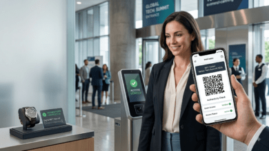 A enterprise professional utilizing a mobile Web3 wallet to scan a dynamic QR code NFT ticket for event access and physical product verification
