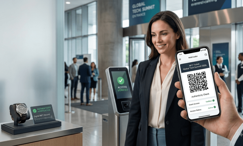 A enterprise professional utilizing a mobile Web3 wallet to scan a dynamic QR code NFT ticket for event access and physical product verification