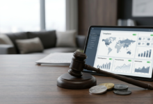 A legal gavel resting beside physical cryptocurrency tokens and a digital tablet displaying global compliance maps and financial regulatory charts