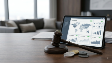 A legal gavel resting beside physical cryptocurrency tokens and a digital tablet displaying global compliance maps and financial regulatory charts