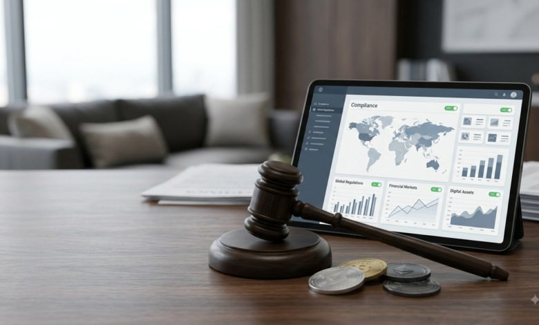A legal gavel resting beside physical cryptocurrency tokens and a digital tablet displaying global compliance maps and financial regulatory charts