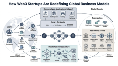 Conceptual diagram of Web3 business models linking decentralized applications, smart contracts, and real-world asset tokenization