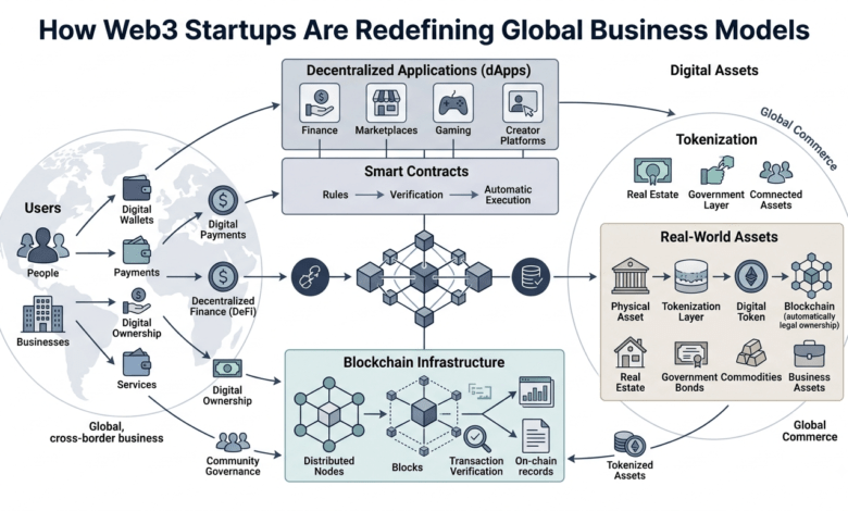 Conceptual diagram of Web3 business models linking decentralized applications, smart contracts, and real-world asset tokenization