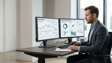Financial analyst reviewing market volatility metrics, crypto portfolio diversification charts, and risk management frameworks on a dual-monitor setup