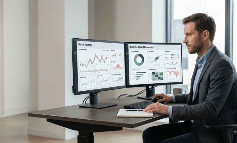 Financial analyst reviewing market volatility metrics, crypto portfolio diversification charts, and risk management frameworks on a dual-monitor setup