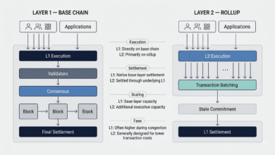 Technical diagram contrasting Layer 1 base chain execution with Layer 2 rollup settlement architecture.png