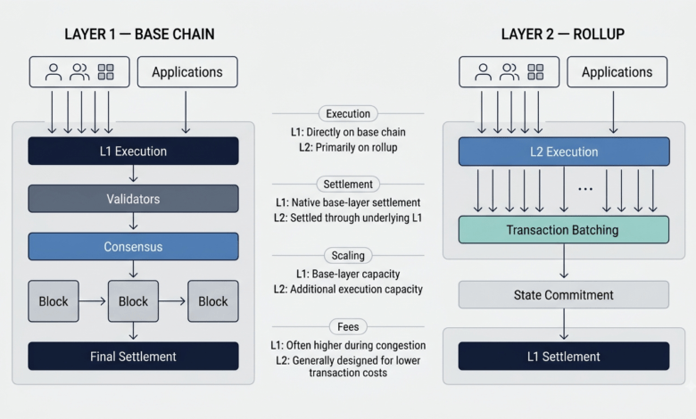 Technical diagram contrasting Layer 1 base chain execution with Layer 2 rollup settlement architecture.png