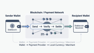 Minimalist technical diagram showing stablecoin transaction flow between wallets and payment networks