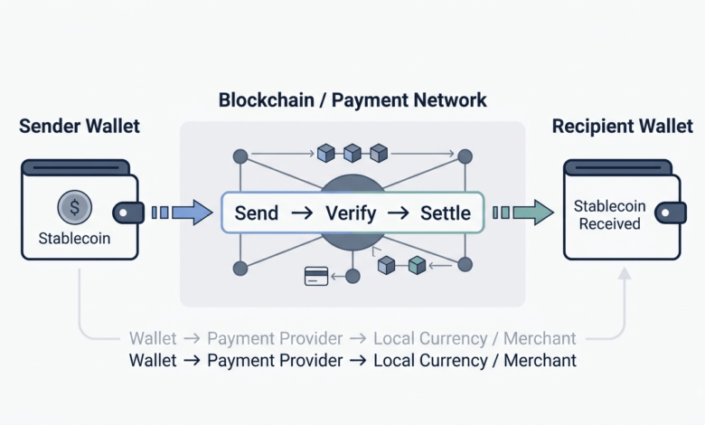 Minimalist technical diagram showing stablecoin transaction flow between wallets and payment networks