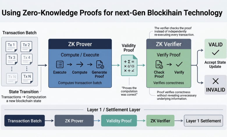 Technical diagram depicting the prover and verifier interaction in a zero-knowledge proof system for blockchain transaction batching