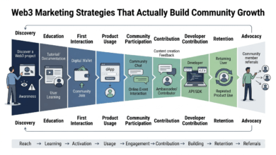 Technical diagram showing the Web3 community growth funnel from product discovery to developer contribution and retention