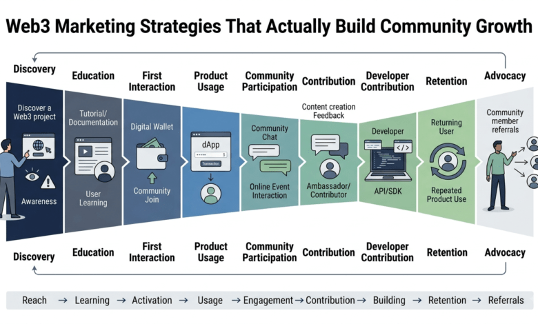 Technical diagram showing the Web3 community growth funnel from product discovery to developer contribution and retention